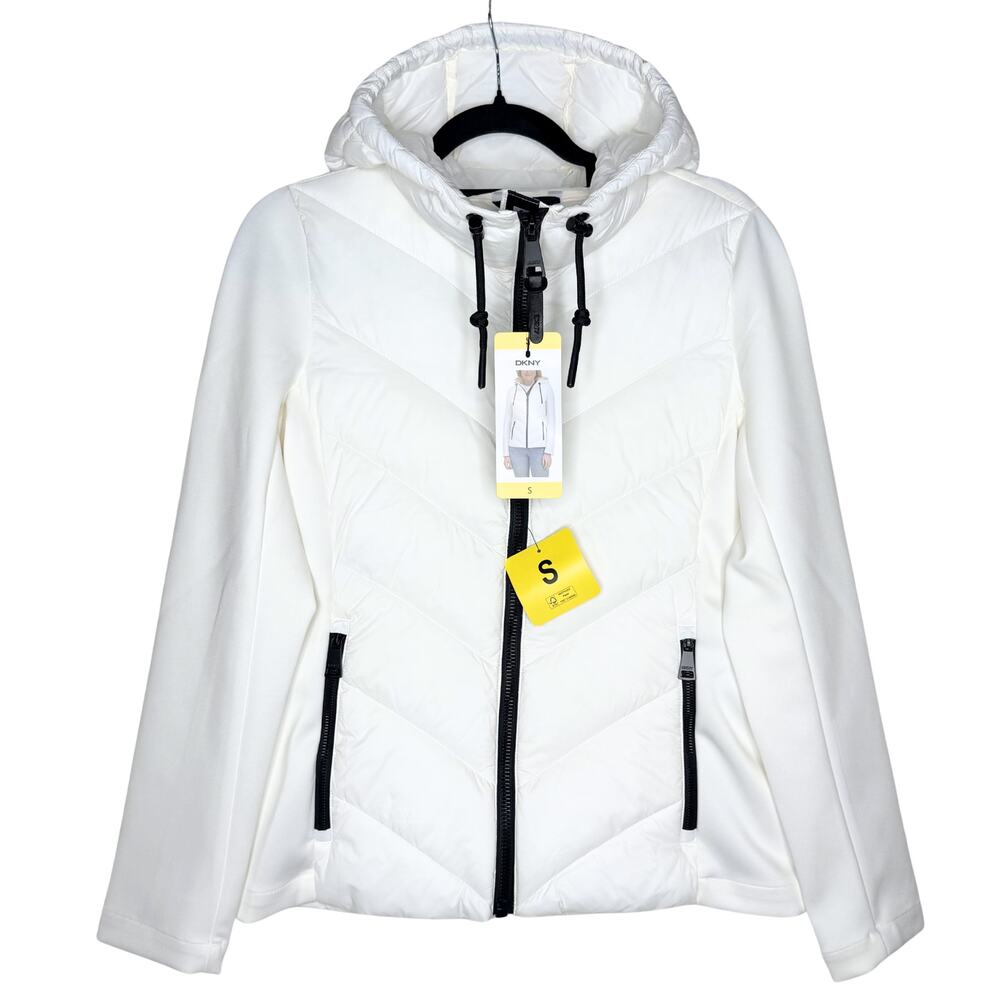 DKNY Mixed Media Hooded Puffer Jacket Size Small White Winter Coat Outerwear